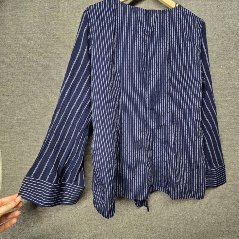 Gibson Latimer Navy Blue White Striped Tie Waist Bell Sleeve Blouse LA1199LYW L - Picture 6 of 8